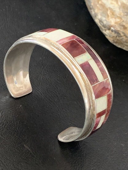 Zuni Purple Spiny Oyster Opal Inlay Cuff Bracelet | Sterling Silver | Authentic Native American Handmade | 12094