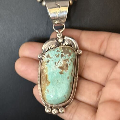 Navajo Pearls Sterling Silver Necklace with Blue Turquoise #8 Pendant | Authentic Native American Handmade | 14809