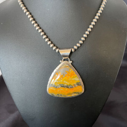 Men's Navajo Pearls Necklace with Bumblebee Jasper Pendant | Sterling Silver | Authentic Native American Handmade | 10558