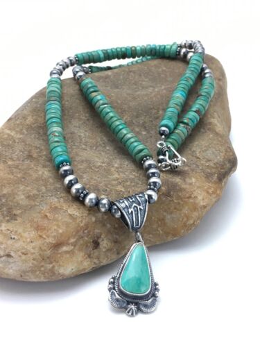 Navajo Green Turquoise Pendant Necklace | Sterling Silver | Authentic Native American Handmade | 2646