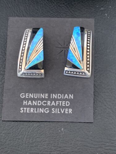 Navajo Turquoise Opal Onyx Inlay Earrings | Sterling Silver | Authentic Native American Handmade | 12115