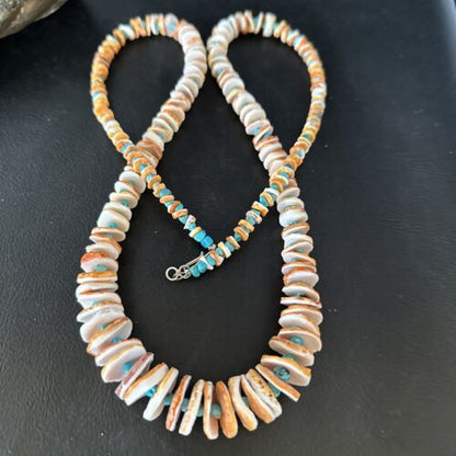 Navajo Sterling Silver Blue Turquoise & Spiny Oyster Graduated Necklace | Authentic Native American | 28" | 14729