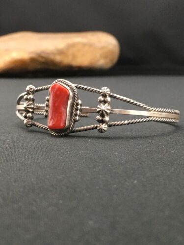 Native American Red Coral Navajo Bracelet | Sterling Silver | Authentic Handmade | 4731