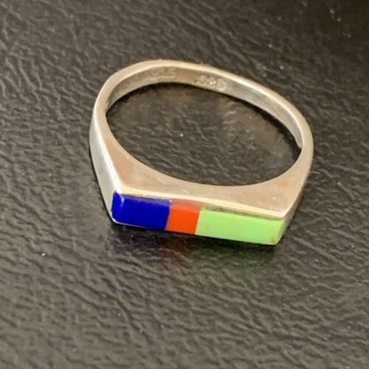 Native American Navajo Green Gaspiete Lapis Red Coral Inlay Ring | Sz 7 | 11139 - Masha USA