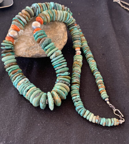 Navajo Graduated Green Turquoise Necklace | Sterling Silver |Authentic Native American | 21" | 00798