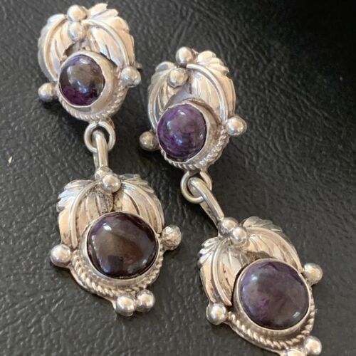 Navajo Purple Sugilite Post Dangle Earrings | Sterling Silver | Authentic Native American Handmade | 1590