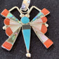 Zuni Turquoise Coral Mother of Pearl Butterfly Necklace Pin Pendant | Inlay | Sterling Silver Inlay | 1369