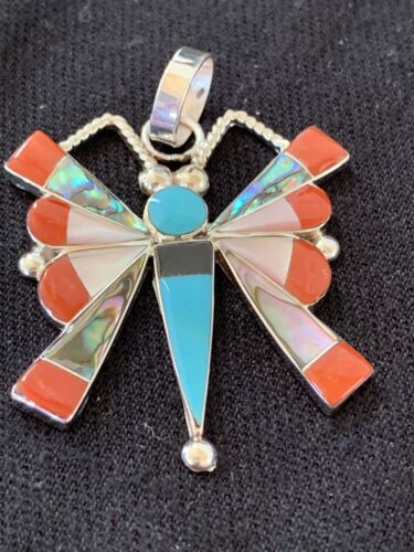 Zuni Turquoise Coral Mother of Pearl Butterfly Necklace Pin Pendant | Inlay | Sterling Silver Inlay | 1369