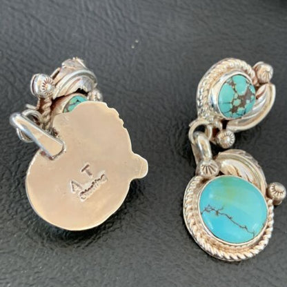 Handmade Navajo Spiderweb Turquoise Dangle Earrings | Sterling Silver Post | Authentic Native American | 1483