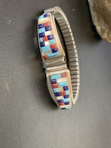 Navajo Sterling Silver Watch Tips | Turquoise Coral Mother of Pearl Inlay Band | Authentic Native American Jewelry | 12137
