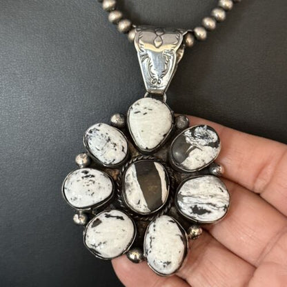 Navajo White Buffalo Turquoise Cluster Pendant | Authentic Native American Sterling Silver | Multi-Stone | 14676 - Masha USA