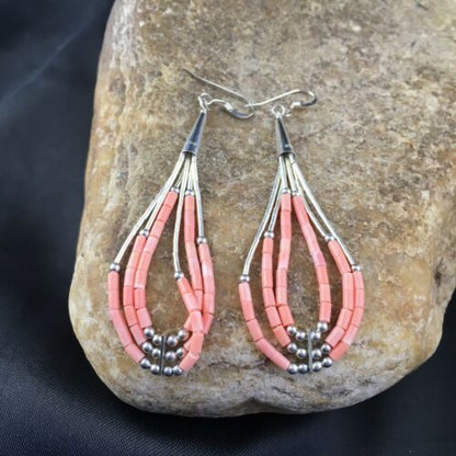 Handmade Liquid Silver Tube Bead Heishi Dangle Earrings | Pink Coral | Sterling Silver | 2.25" | 2025