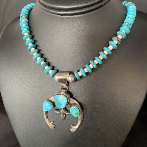 Navajo Sterling Silver Blue Turquoise Necklace with Naja Pendant | 18" | Authentic Native American Handmade | 13754