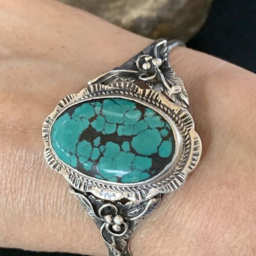 Native American Men's Blue Spiderweb Turquoise Cuff Bracelet | Sterling Silver | 14134