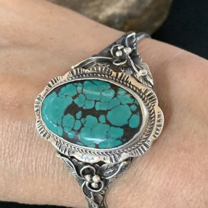 Native American Men's Blue Spiderweb Turquoise Cuff Bracelet | Sterling Silver | 14134