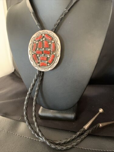 Navajo Men's Bolo Tie | Natural Red Coral Cluster | Sterling Silver | Authentic Native American Handmade | 13671