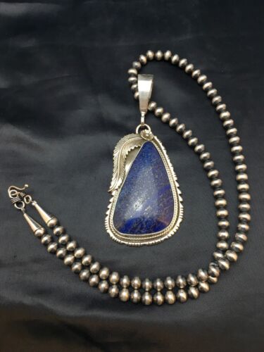 Men's Sterling Silver Navajo Pearls Necklace with Denim Lapis Pendant | Authentic Native American Handmade | 1006