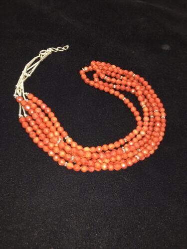 Southwestern Navajo Faceted Red Coral Bead Necklace | Sterling Silver | Authentic Native American Handmade | 01819