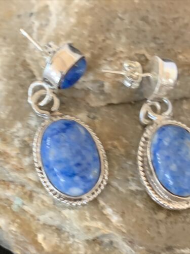 Navajo Denim Lapis Dangle Earrings | Sterling Silver | 1.1" | Authentic Native American Handmade | 1704