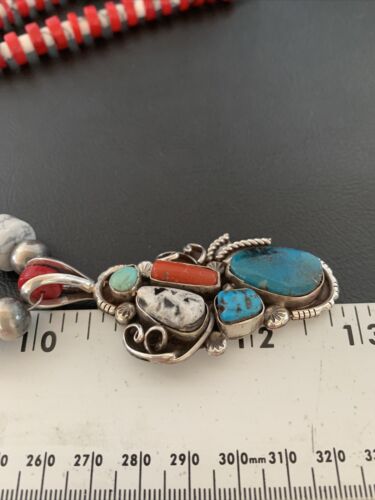 Navajo Coral, White Buffalo Turquoise, Spiny Oyster Pendant | Authentic Native American Sterling Silver | Multi-Stone | 1178