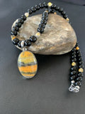 Men's Navajo Pearls Onyx Bumblebee Jasper Necklace Pendant | Sterling Silver | Native American Handmade | 10323