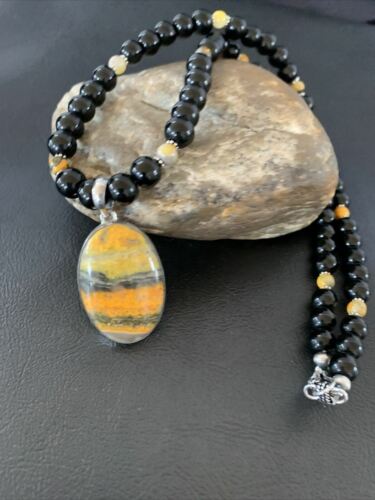 Men's Navajo Pearls Onyx Bumblebee Jasper Necklace Pendant | Sterling Silver | Native American Handmade | 10323