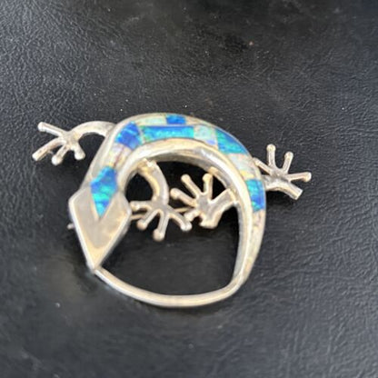 Navajo White Blue Opal Lizard Pin Pendant | Inlay Gecko | Sterling Silver | Authentic Native American Handmade | 14335
