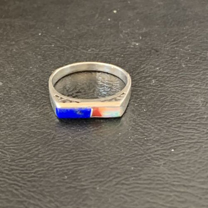 Navajo Opal Blue Lapis Red Coral Inlay Ring | Sz 7 | Authentic Native American Handmade | 11140