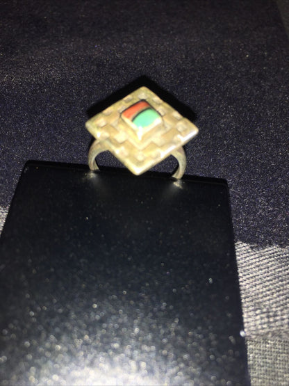 Navajo Women's Turquoise, Coral & Onyx Inlay Ring | Sterling Silver | Sz 5.5 | Authentic Native American Handmade | 01797