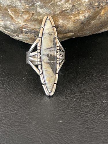 Southwestern Navajo White Buffalo Turquoise Ring | Sterling Silver | Sz 8 | 10295