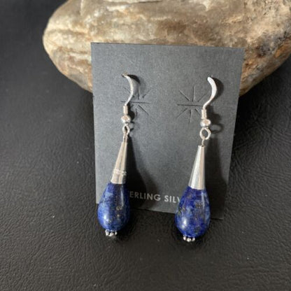 Navajo Lapis Lazuli Bead Dangle Earrings | Sterling Silver | 1" | Authentic Native American Handmade | 13330