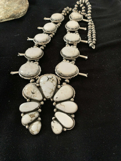 Navajo White Buffalo Turquoise Naja Pendant | Sterling Silver Squash Blossom Necklace | 21" | 00629 - Masha USA