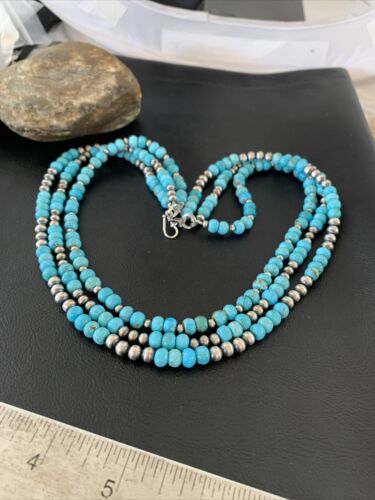 Navajo Blue Turquoise Sterling Silver Graduated Bib Necklace | 3-Strand | 22" | Authentic Native American | 02153