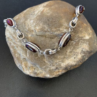 Navajo Deep Gold Amber Link Bracelet | Sterling Silver | 8.25" | Authentic Native American Handmade | 12656