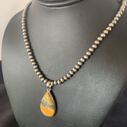 Navajo Bumblebee Jasper Pendant Necklace | Sterling Silver | Authentic Native American Handmade | 12729