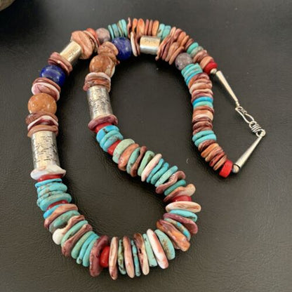 Native American Sterling Silver Necklace | Turquoise, Spiny Oyster, Coral, Lapis | 24" | 11869
