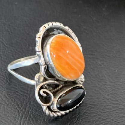 Navajo Black Onyx Orange Spiny Oyster Multi-Stone Ring | Authentic Native American Sterling Silver | Sz 11 | 02168