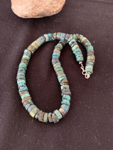 Rustic Turquoise Heishi Bead Necklace | 11mm | Navajo Sterling Silver | Authentic Native American Handmade | 17" | 639