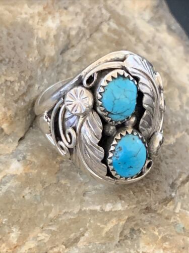Navajo Blue Kingman Turquoise Feather Ring | Authentic Native American Sterling Silver | Multi-Stone | Sz 11.5 | 12223