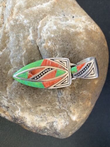 Navajo Pink Coral & Green Gaspeite Inlay Pendant | Sterling Silver | Authentic Native American Handmade | 12483
