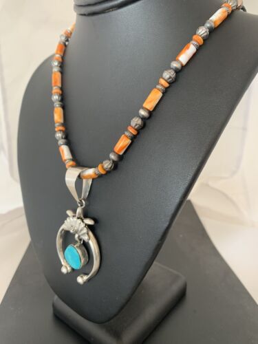 Sterling Blue Turquoise Naja Pendant | Navajo Pearls Spiny Oyster Necklace | Southwestern | 00262