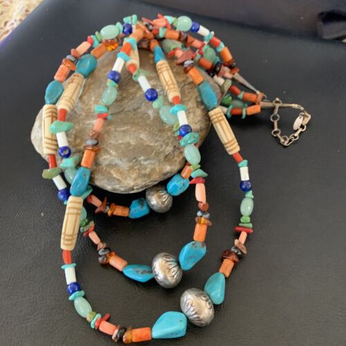 Native American Santo Domingo Turquoise Bead Necklace | Pearl Accents | 10377