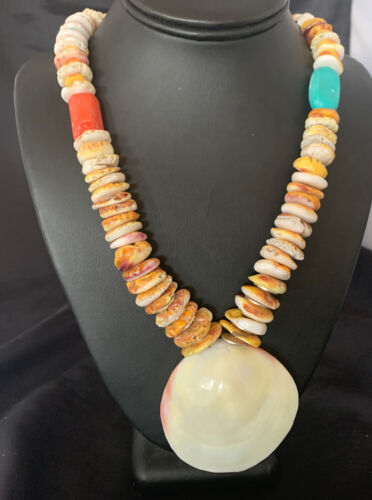 Native American Santo Domingo Necklace | Silver Shell Turquoise | 32" | 12060