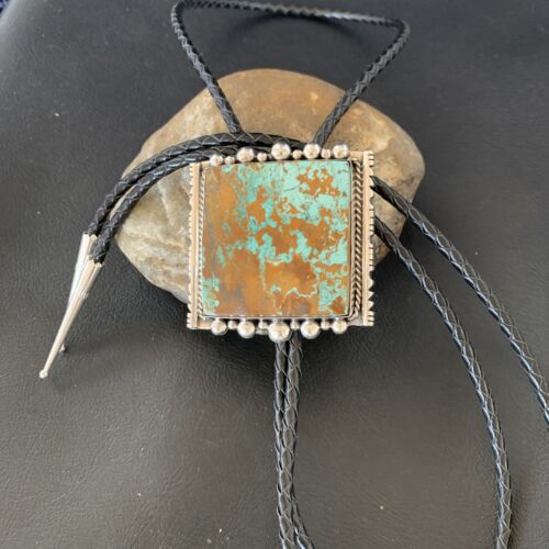 Navajo Green Royston Turquoise Bolo Tie | Sterling Silver | Authentic Native American Handmade | 12883