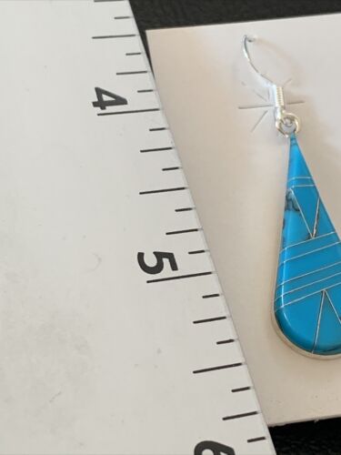 Navajo Sterling Silver Blue Turquoise Inlay Dangle Drop Earrings | 1.5" | Authentic Native American Handmade | 12311