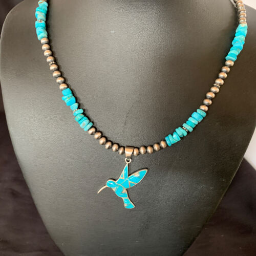 Navajo Hummingbird Inlay Pendant | Blue Turquoise & Opal | Sterling Silver | Native American Handmade | 11326