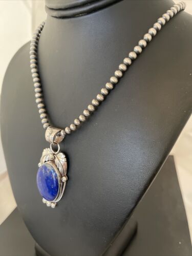 Native American Men's Navajo Pearl Pendant Necklace | Sterling Silver Blue Lapis | 01527