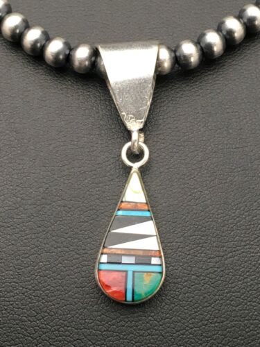 Turquoise Multi-Stone Inlay Pendant | Sterling Silver Bead Necklace 1.75" | Navajo Jewelry 2705