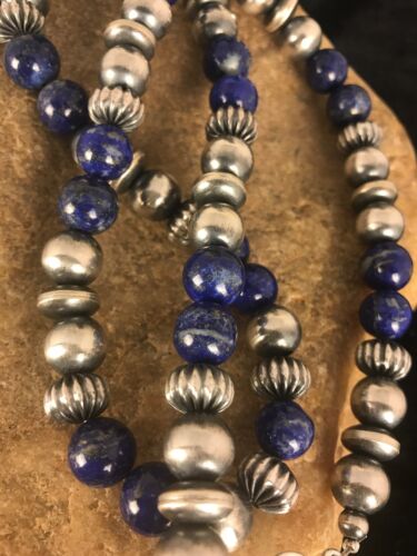 Native American Men's Lapis Necklace | Navajo Sterling Silver | 22" | 8531 - Masha USA
