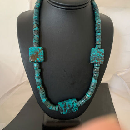 Native American Rustic Turquoise Nugget Heishi Bead Necklace | Sterling Silver | 22" | 01397